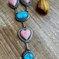 Lariat Necklace – Golden Hill Turquoise & Pink Conch Heart – 34” Adjustable Statement Piece