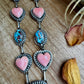Lariat Necklace – Golden Hill Turquoise & Pink Conch Heart – 34” Adjustable Statement Piece