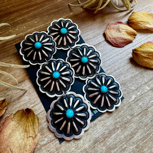 Triple Concho Dangle Earrings with Kingman Turquoise – Sterling Silver, Post Top