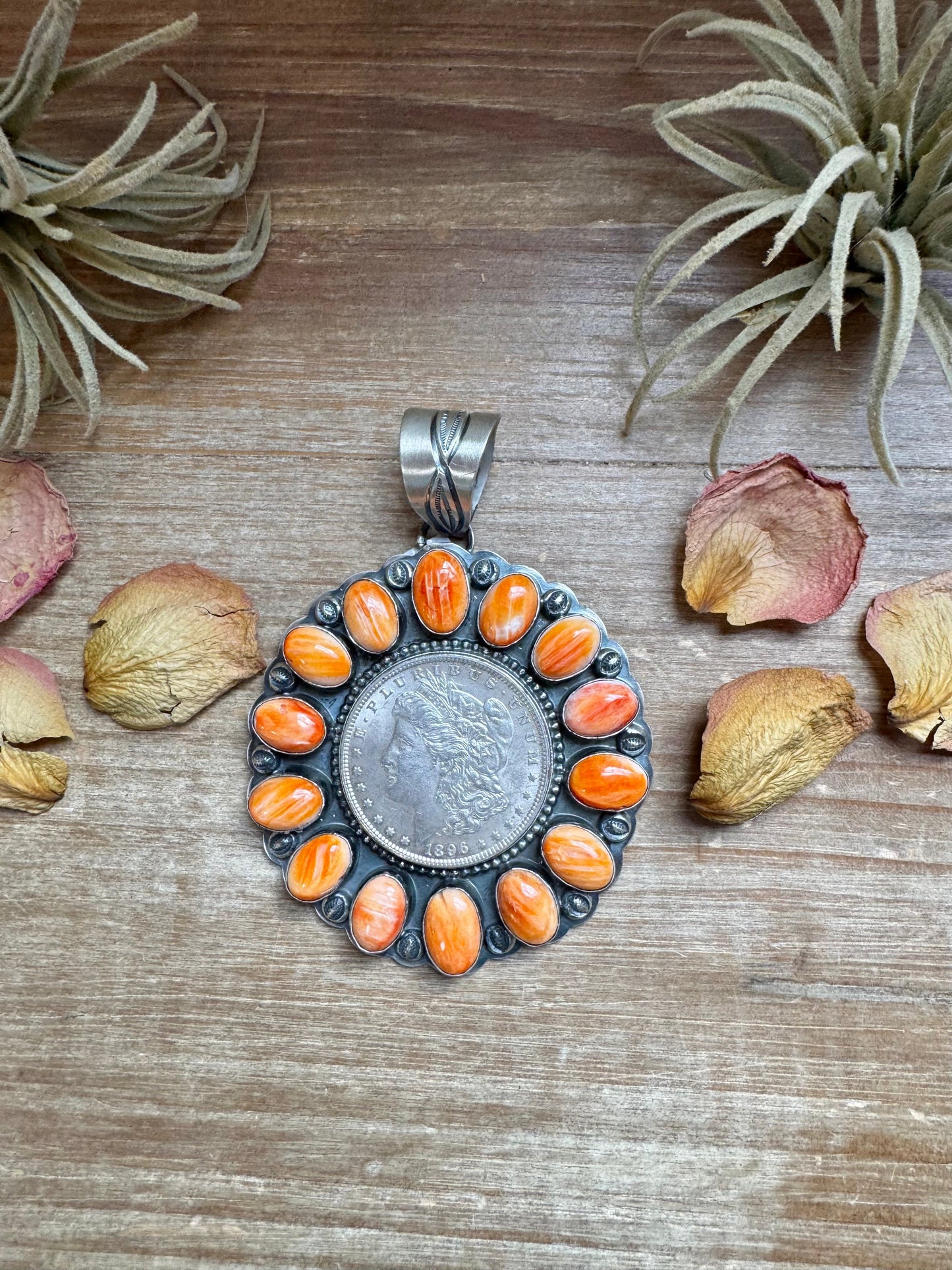 Orange Spiny Oyster & Silver Coin Pendant – Signed by Gabby
