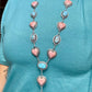 Lariat Necklace – Golden Hill Turquoise & Pink Conch Heart – 34” Adjustable Statement Piece