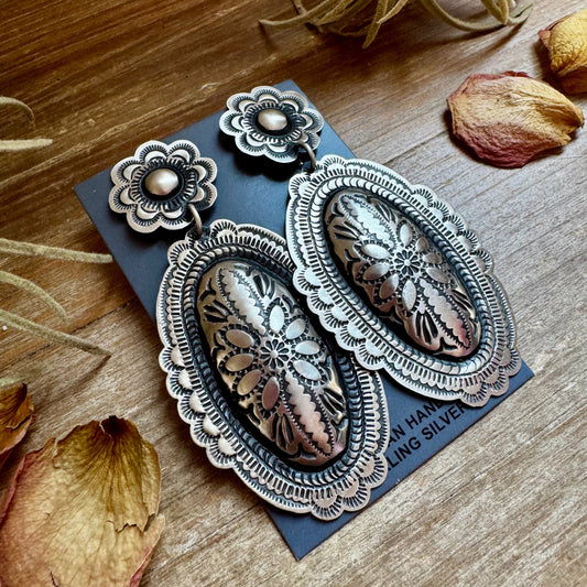 Leander Tahe Sterling Silver Earrings – Post & Dangle Statement with Stamped Detail