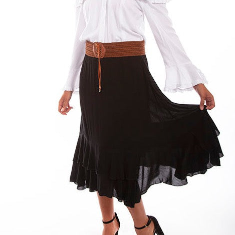 Black Maxi Skirt with Crocheted Band at Bourbon Cowgirl