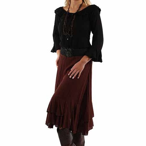 Chocolate Brown Maxi Skirt with Crocheted Band at Bourbon Cowgirl