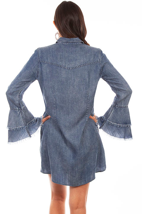 Denim Western Dress with Ruffled Cuffs for Country Girls at Bourbon Cowgirl