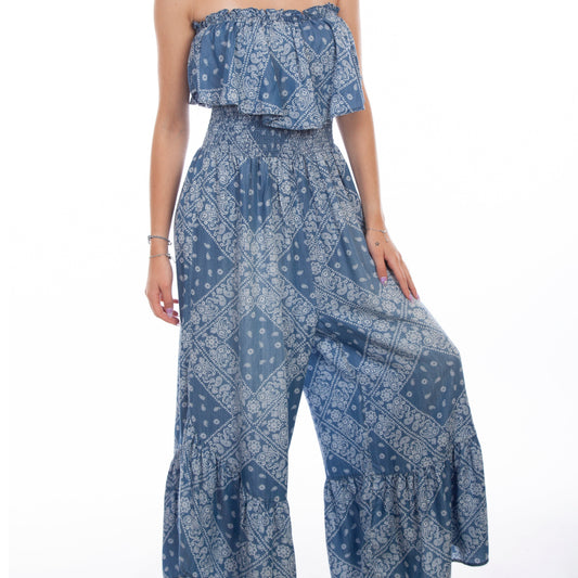 Ladies Bandana Paisley Printed Light Blue Jumpsuit by Scully at Bourbon Cowgirl