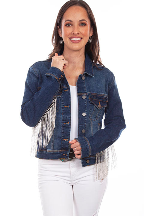 Denim Jacket Rhinestone Fringe with Pockets