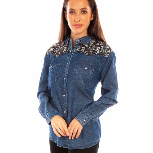 Denim Blouse with Black Jacquard Contrast for Women Scully Bourbon Cowgirl