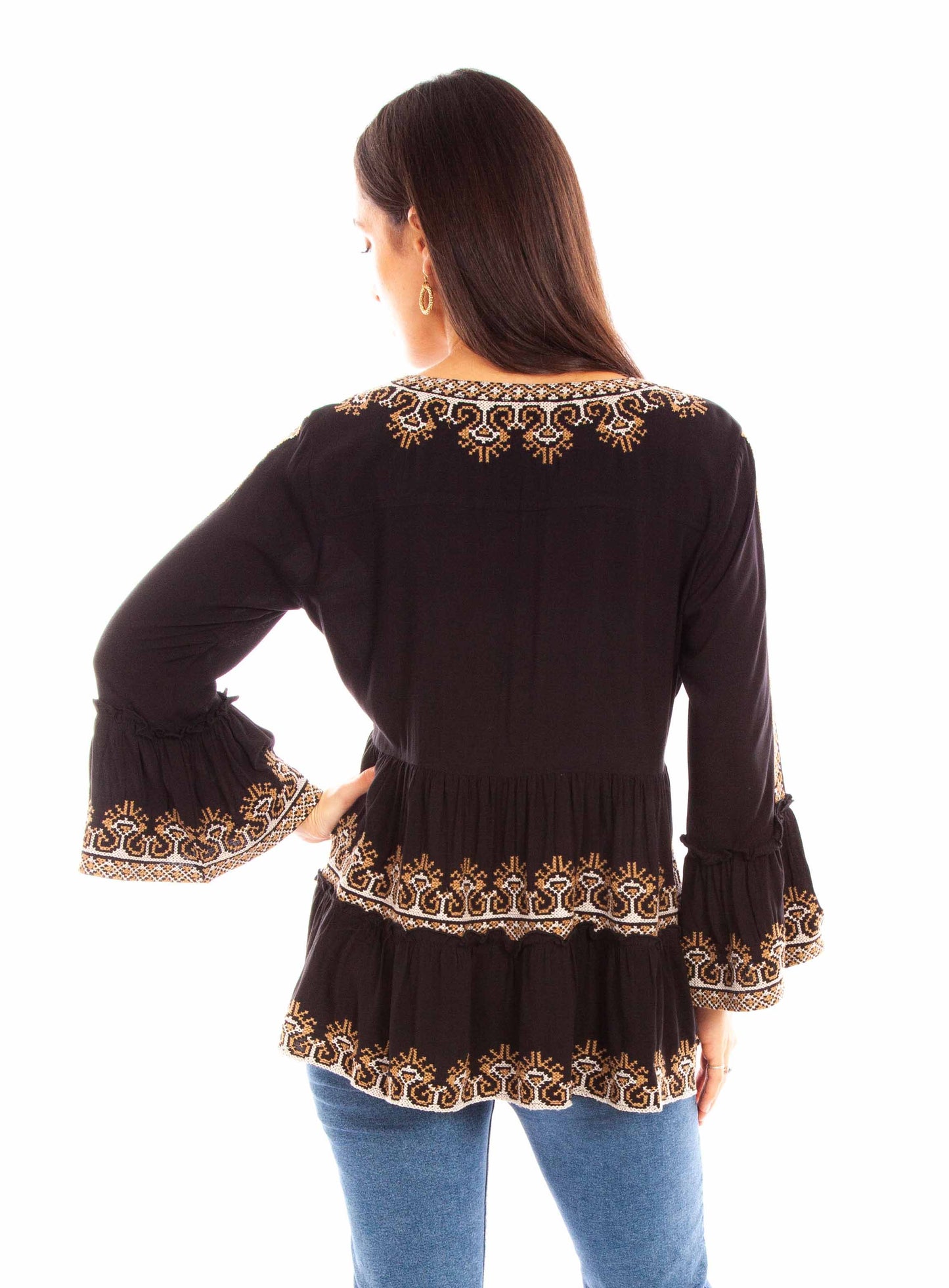 Black Embroidered Bell Sleeve Blouse Scully Bourbon Cowgirl