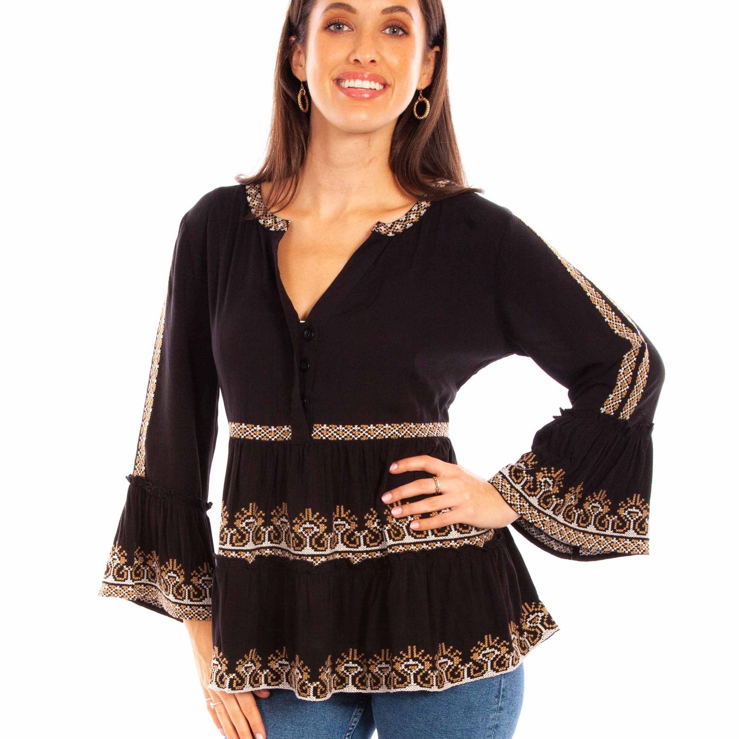 Black Embroidered Bell Sleeve Blouse Scully Bourbon Cowgirl