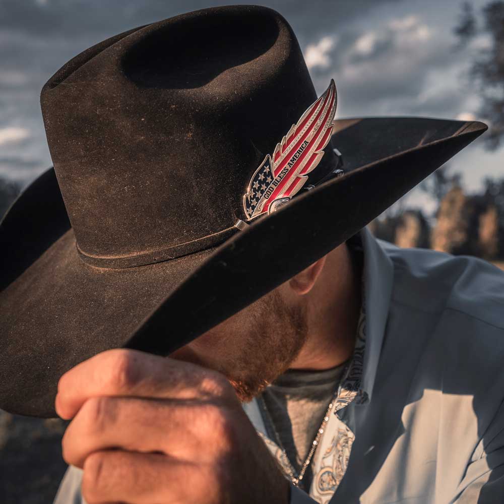 USA Flag Hat Feather God Bless America for Men - Montana Silversmiths