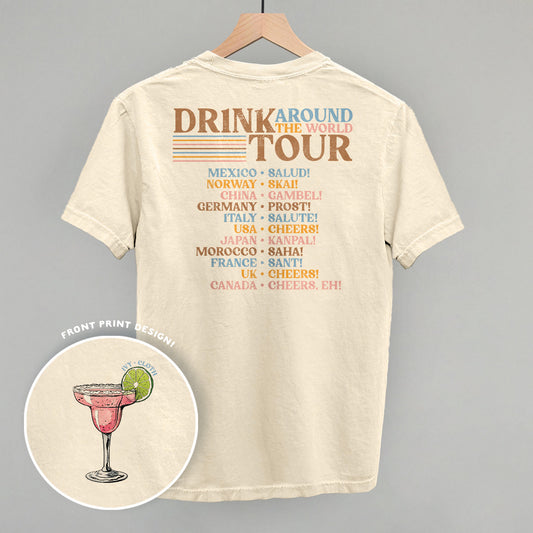 Ivory t-shirt Drink Around the World Tour design with margarita graphic.