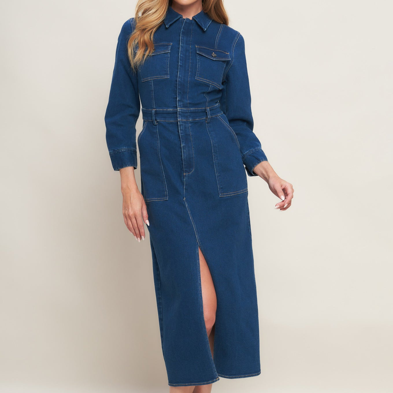 MIDNIGHT DARK INDIGO DENIM MIDI DRESS