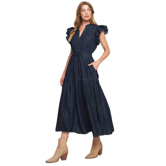 POWER DENIM GODDESS DARK INDIGO MIDI DRESS