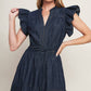 POWER DENIM GODDESS DARK INDIGO MIDI DRESS