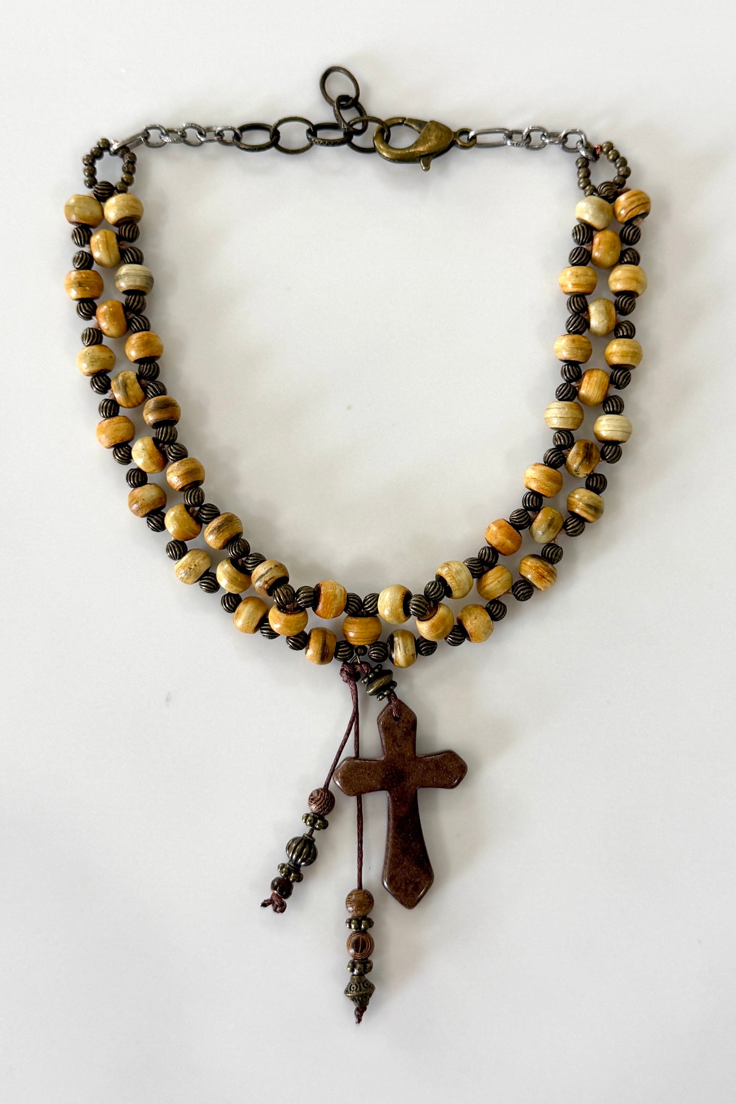 Woven Horn Beads with Agate Cross Necklace by Amy Kaplan