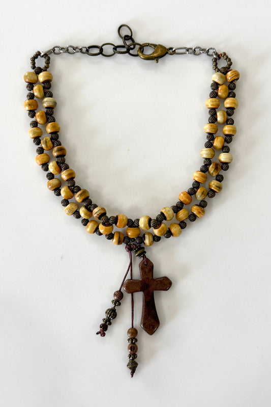 Woven Horn Beads with Agate Cross Necklace by Amy Kaplan