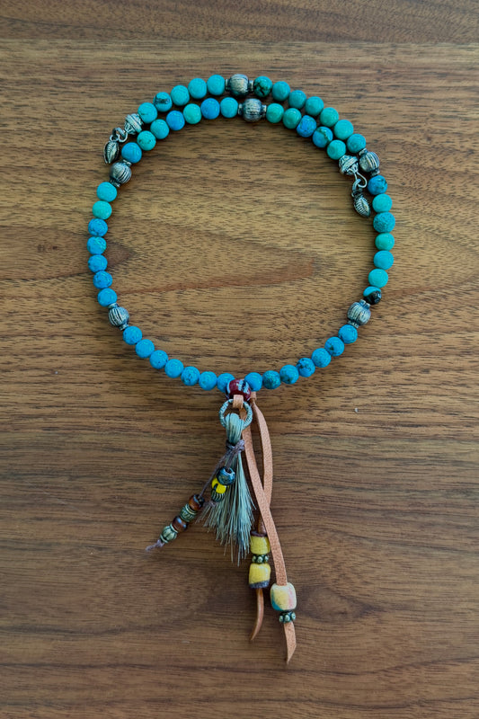 Turquoise & Horse Hair Tassel Memory Choker Necklace by Amy Kaplan
