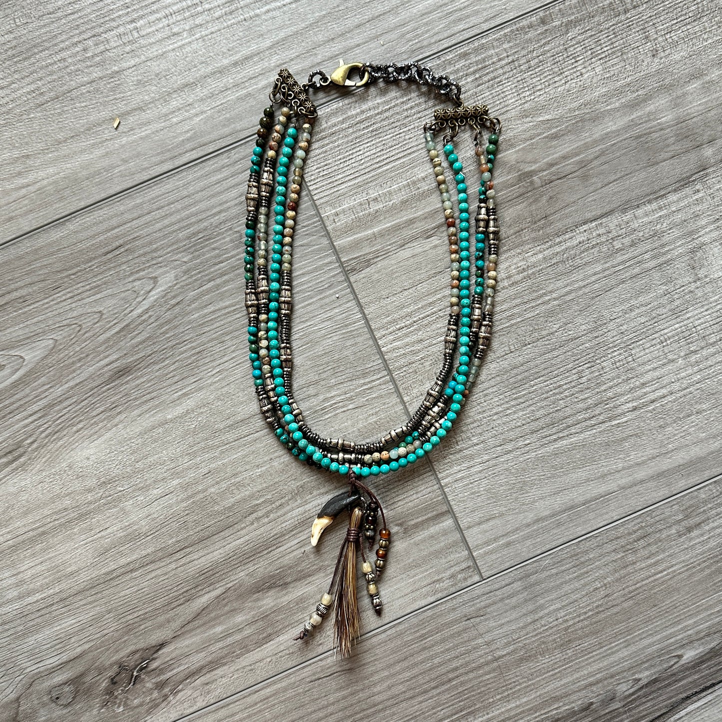 Four Strand Beaded Necklace with Turquoise, Horsehair & Bone by Amy Kaplan