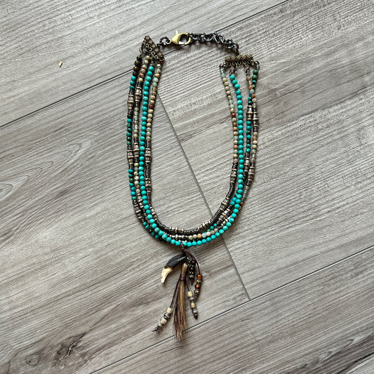 Four Strand Beaded Necklace with Turquoise, Horsehair & Bone by Amy Kaplan