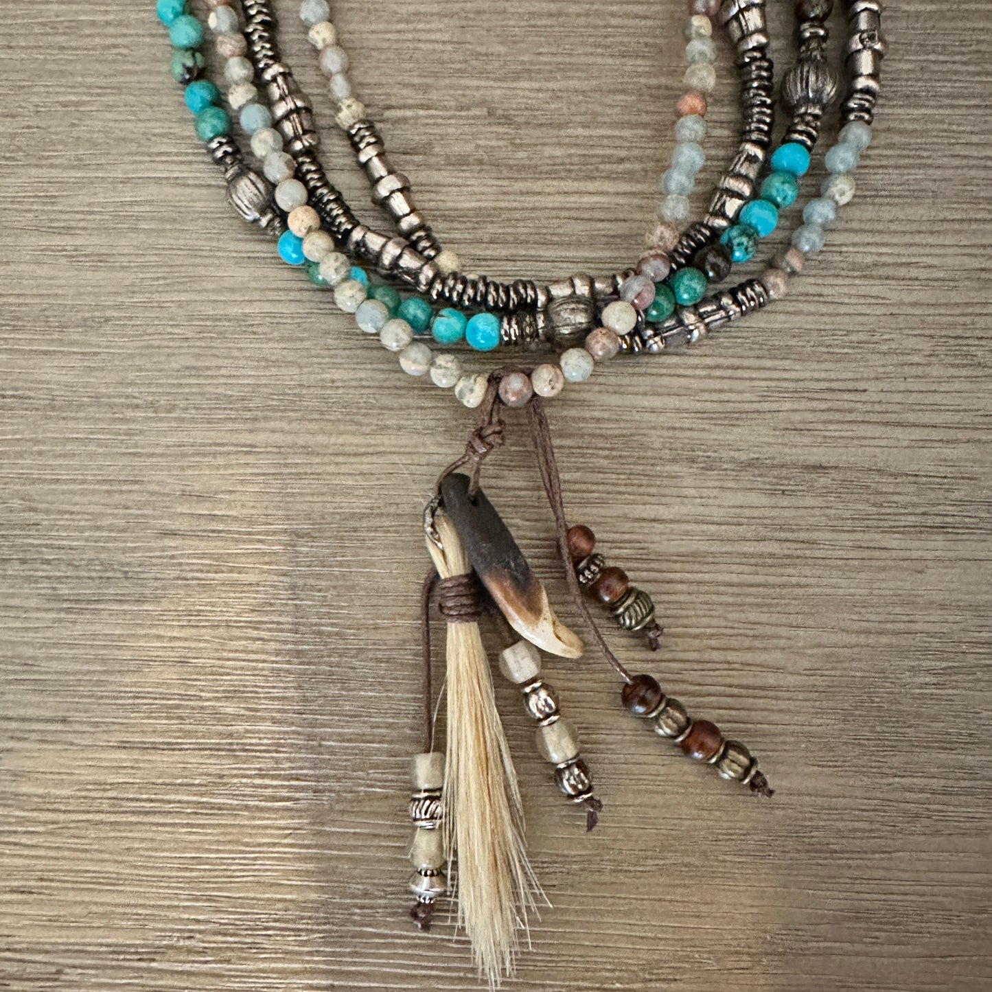 Four Strand Beaded Necklace with Turquoise, Horsehair & Bone by Amy Kaplan