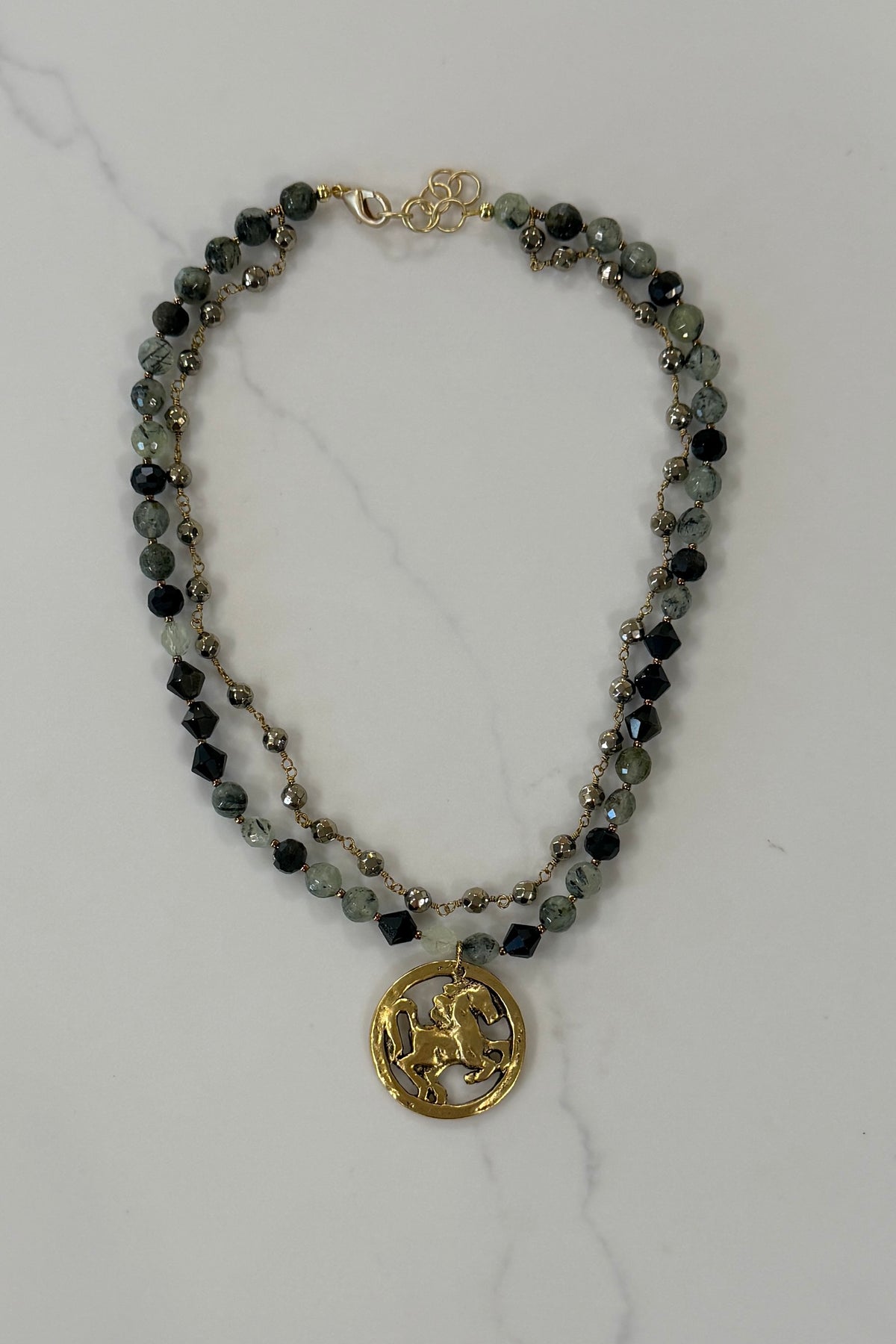 Green Gemstone Necklace with Gold Horse Medallion by Michele Busch
