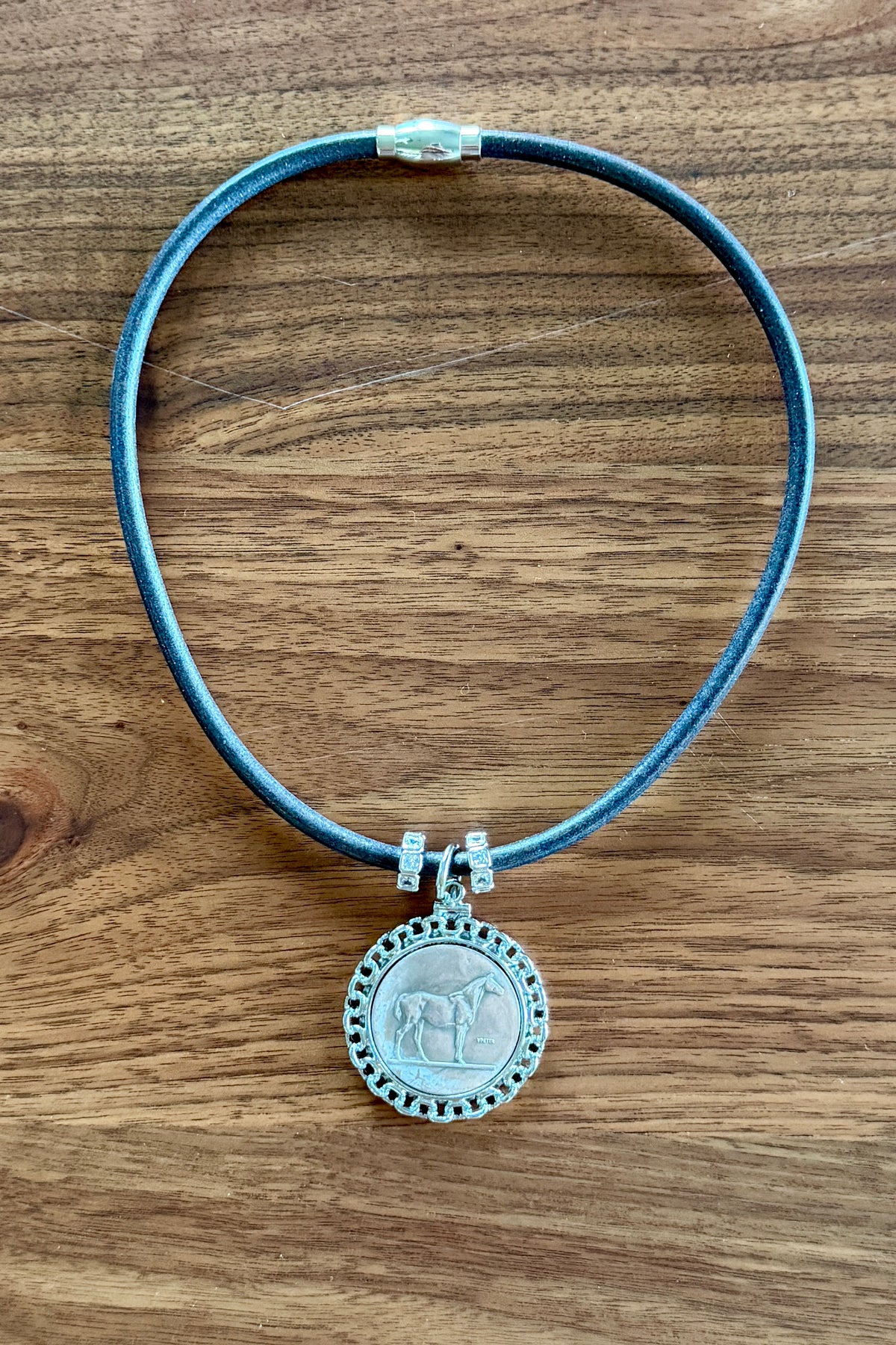 Grey Leather Necklace with Silver Horse  by Michele Busch