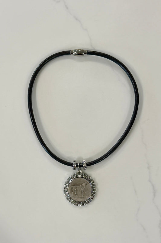 Grey Leather Necklace with Silver Horse  by Michele Busch
