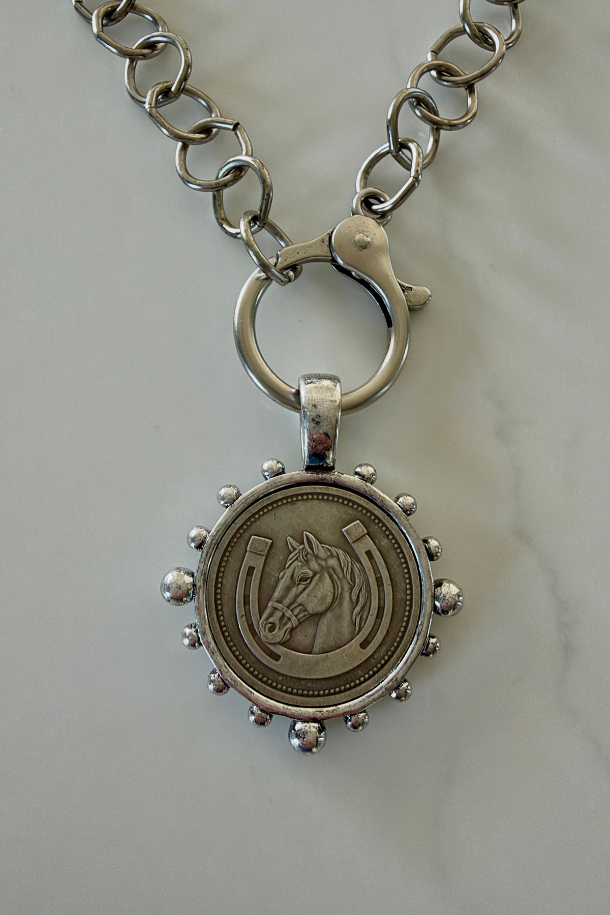 Horse with Horseshoe Coin in Bezel Chain Necklace