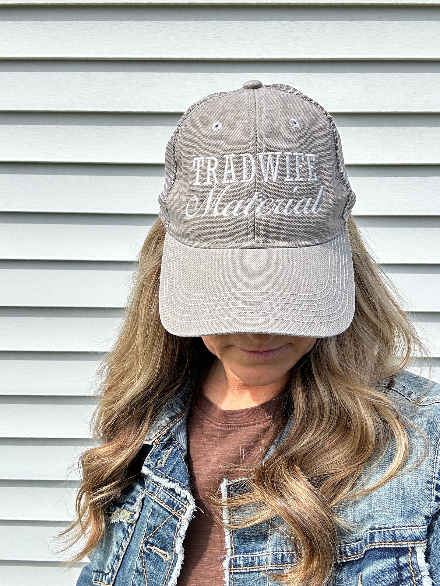 Tradwife Material Grey Embroidered Trucker Hat
