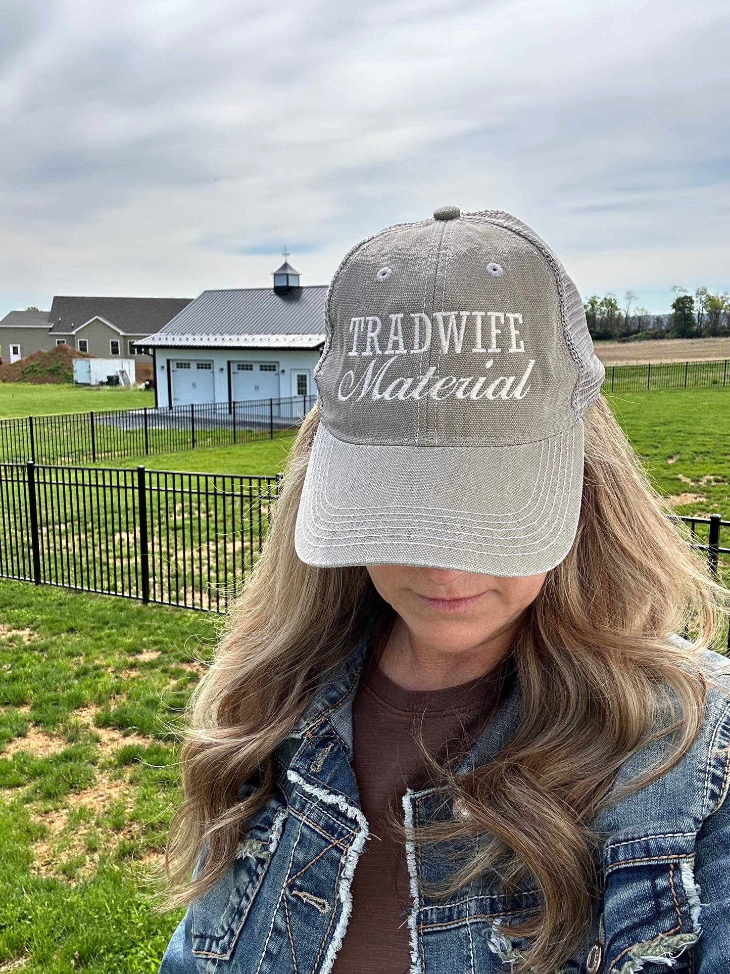 Tradwife Material Grey Embroidered Trucker Hat