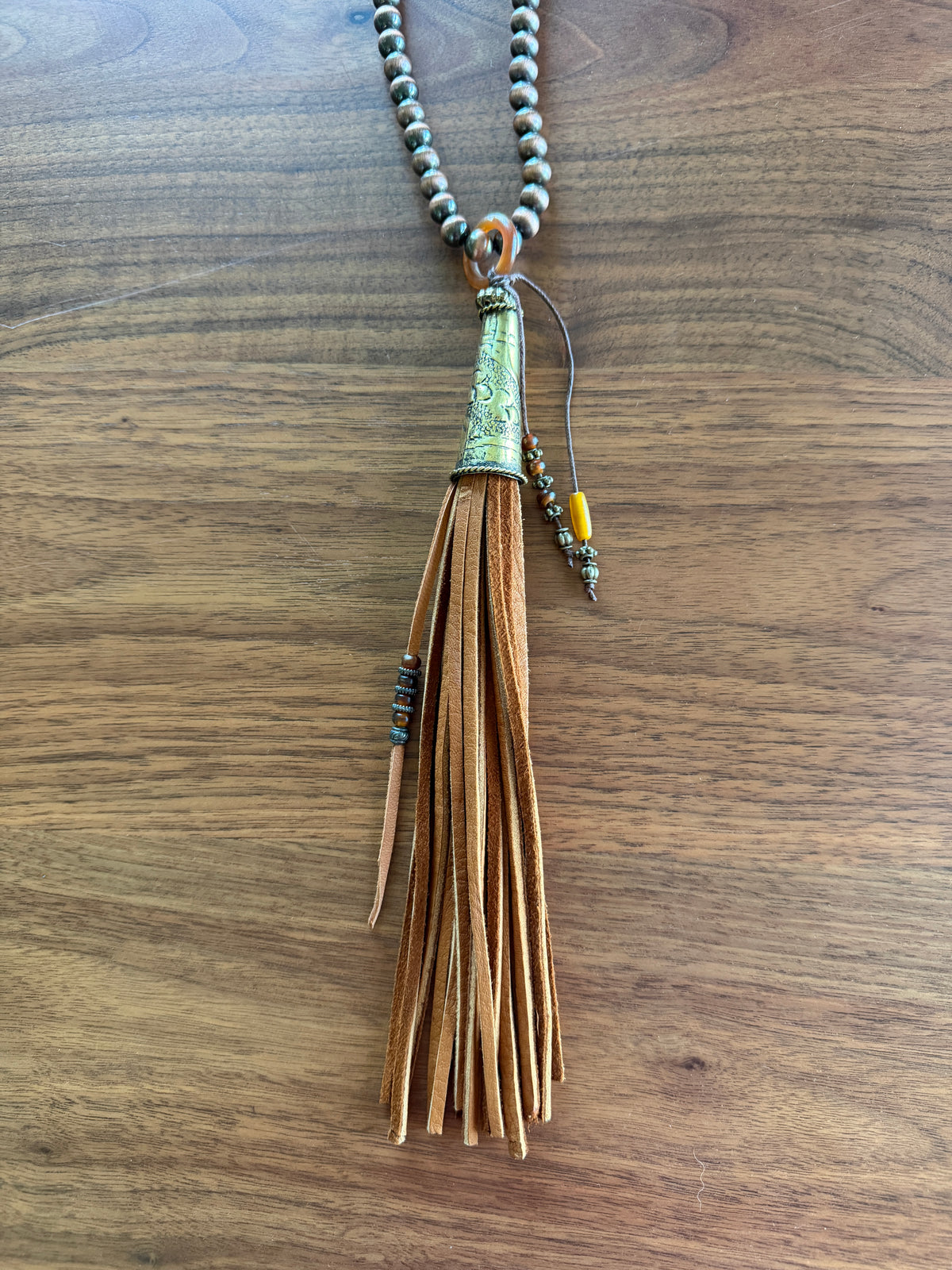 Tan Deersuede Fringe on Copper Pearl Necklace by Amy Kaplan
