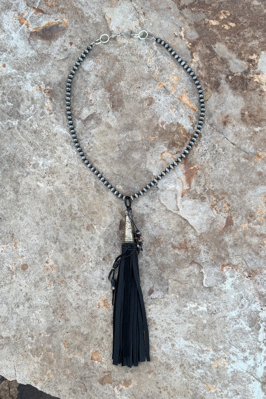 Black Deersuede Fringe on Silver Pearl Necklace by Amy Kaplan