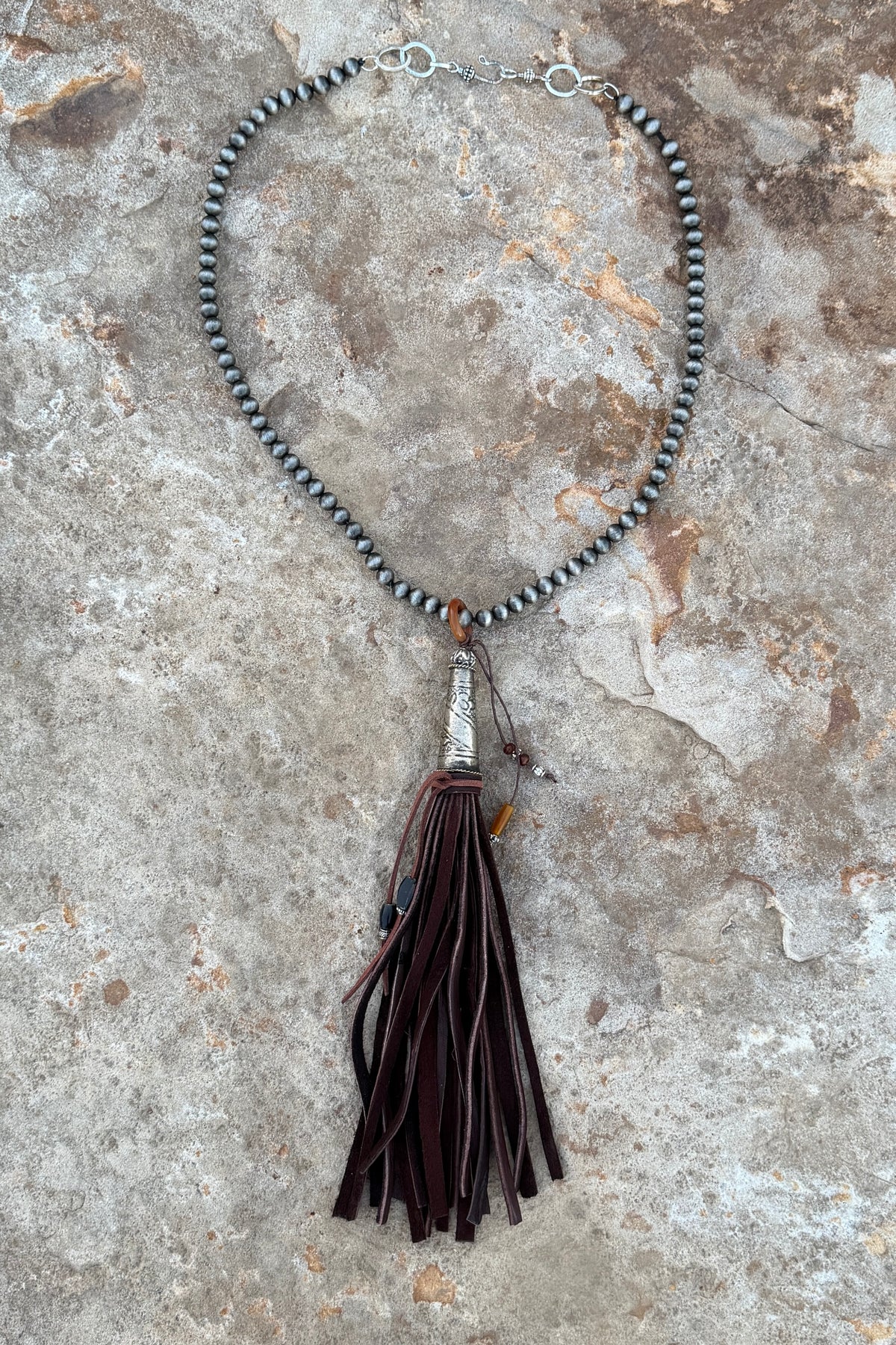 Dark Brown Deersuede Fringe on Silver Pearl Necklace by Amy Kaplan