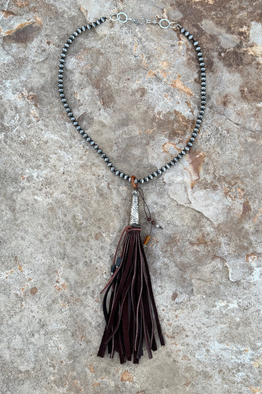 Dark Brown Deersuede Fringe on Silver Pearl Necklace by Amy Kaplan