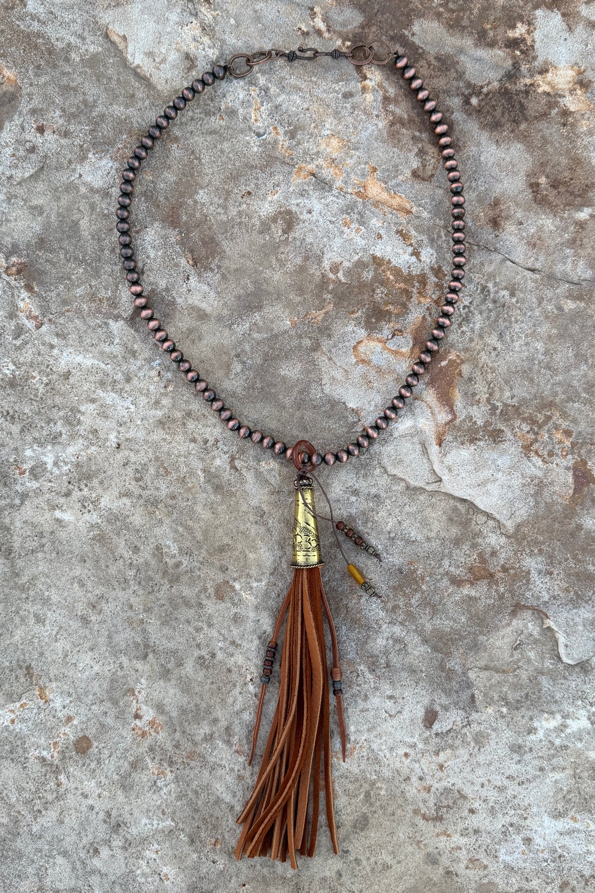 Tan Deersuede Fringe on Copper Pearl Necklace by Amy Kaplan
