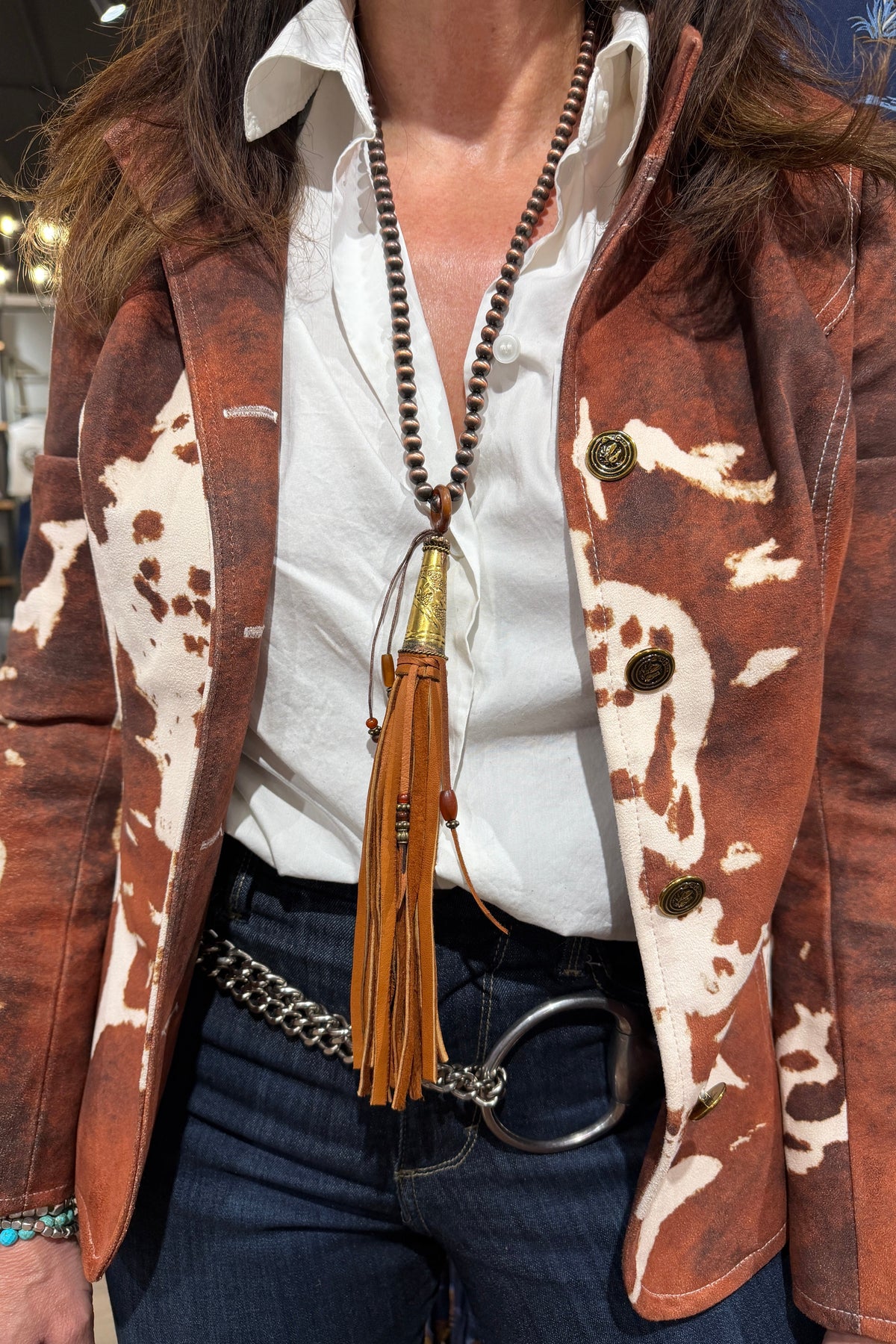 Tan Deersuede Fringe on Copper Pearl Necklace by Amy Kaplan