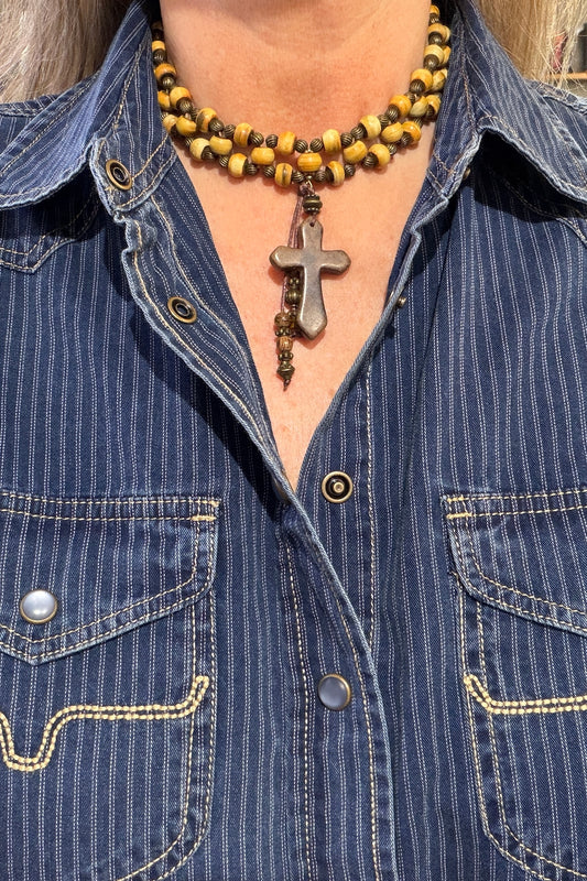 Woven Horn Beads with Agate Cross Necklace by Amy Kaplan