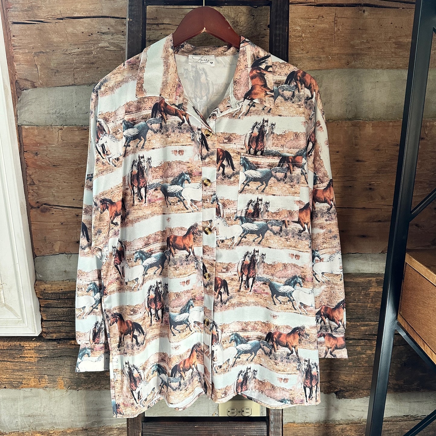 Wild Horses Print Western Button Down Shirt Blouse - Bourbon Cowgirl