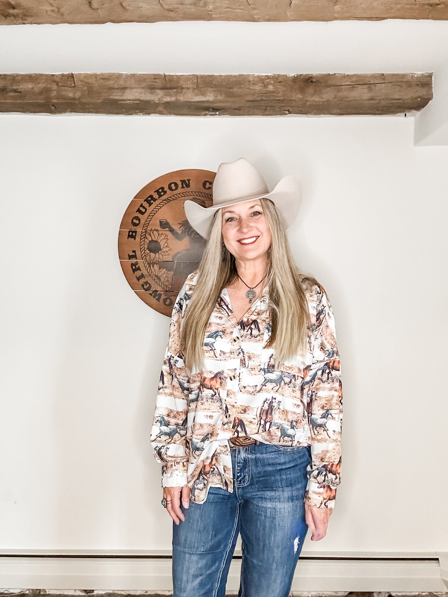 Wild Horses Print Western Button Down Shirt Blouse - Bourbon Cowgirl