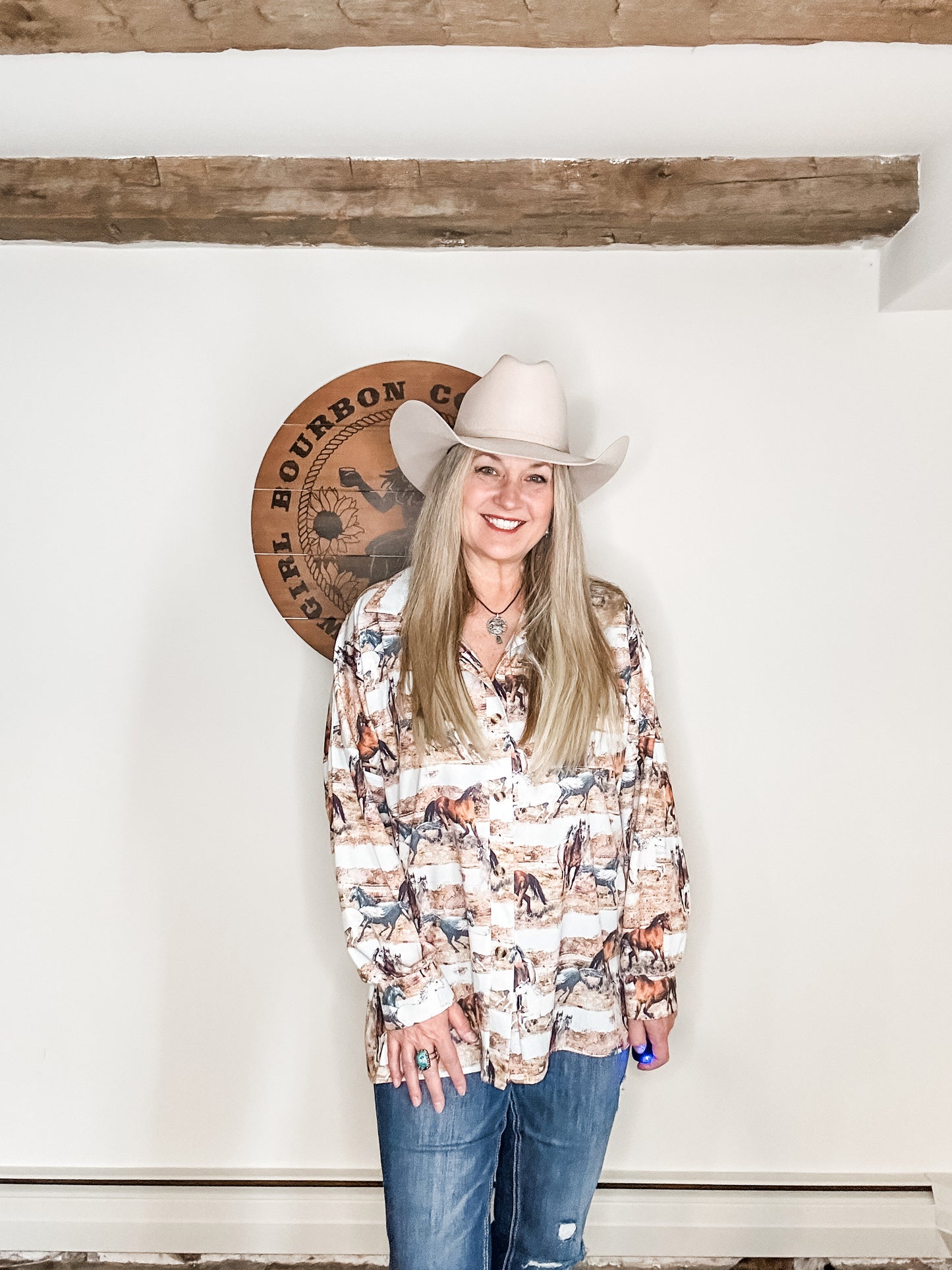 Wild Horses Print Western Button Down Shirt Blouse - Bourbon Cowgirl