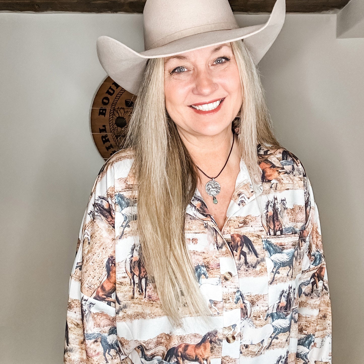 Wild Horses Print Western Button Down Shirt Blouse - Bourbon Cowgirl