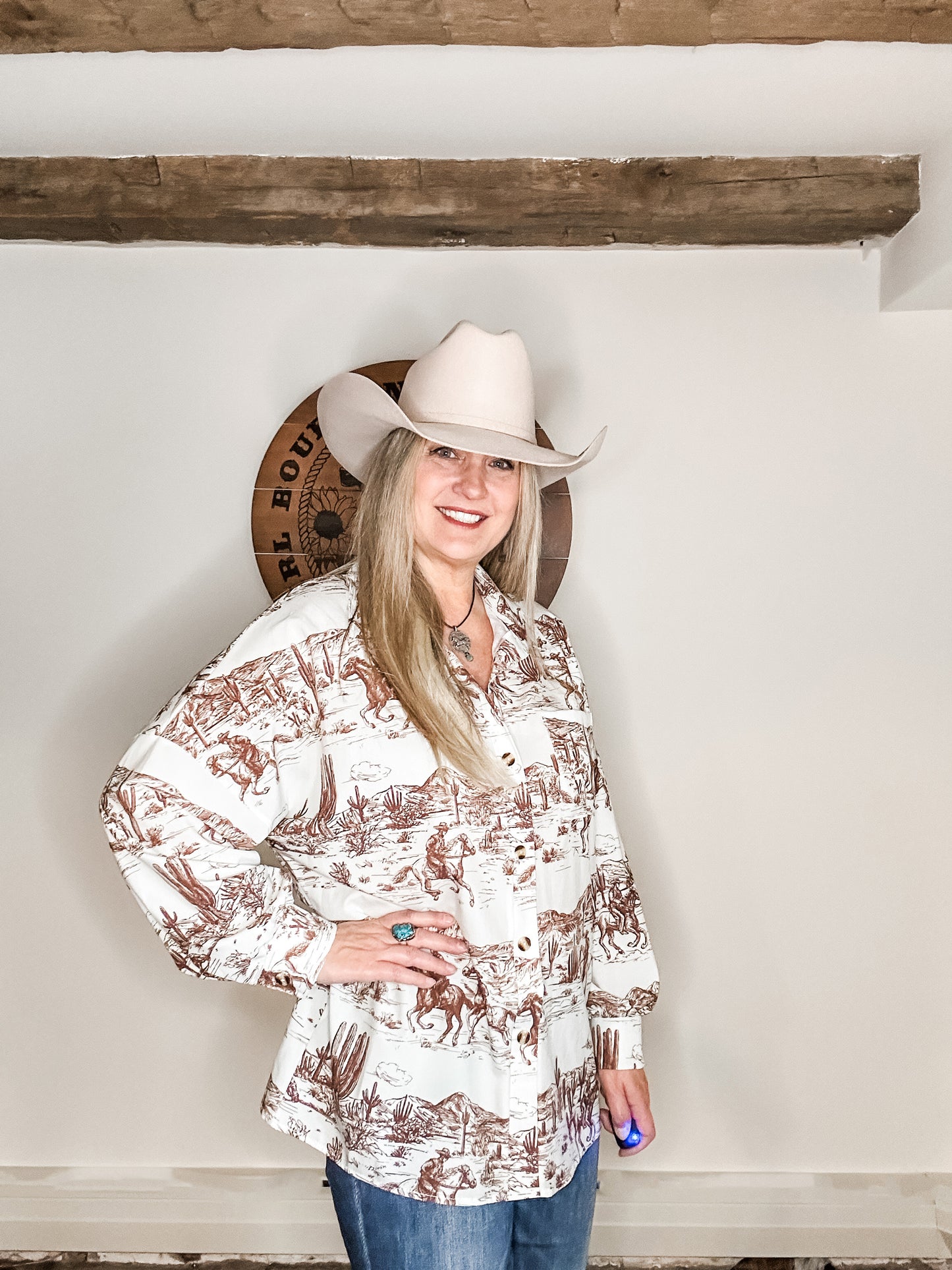 Wild Horses Print Western Button Down Shirt Blouse - Bourbon Cowgirl