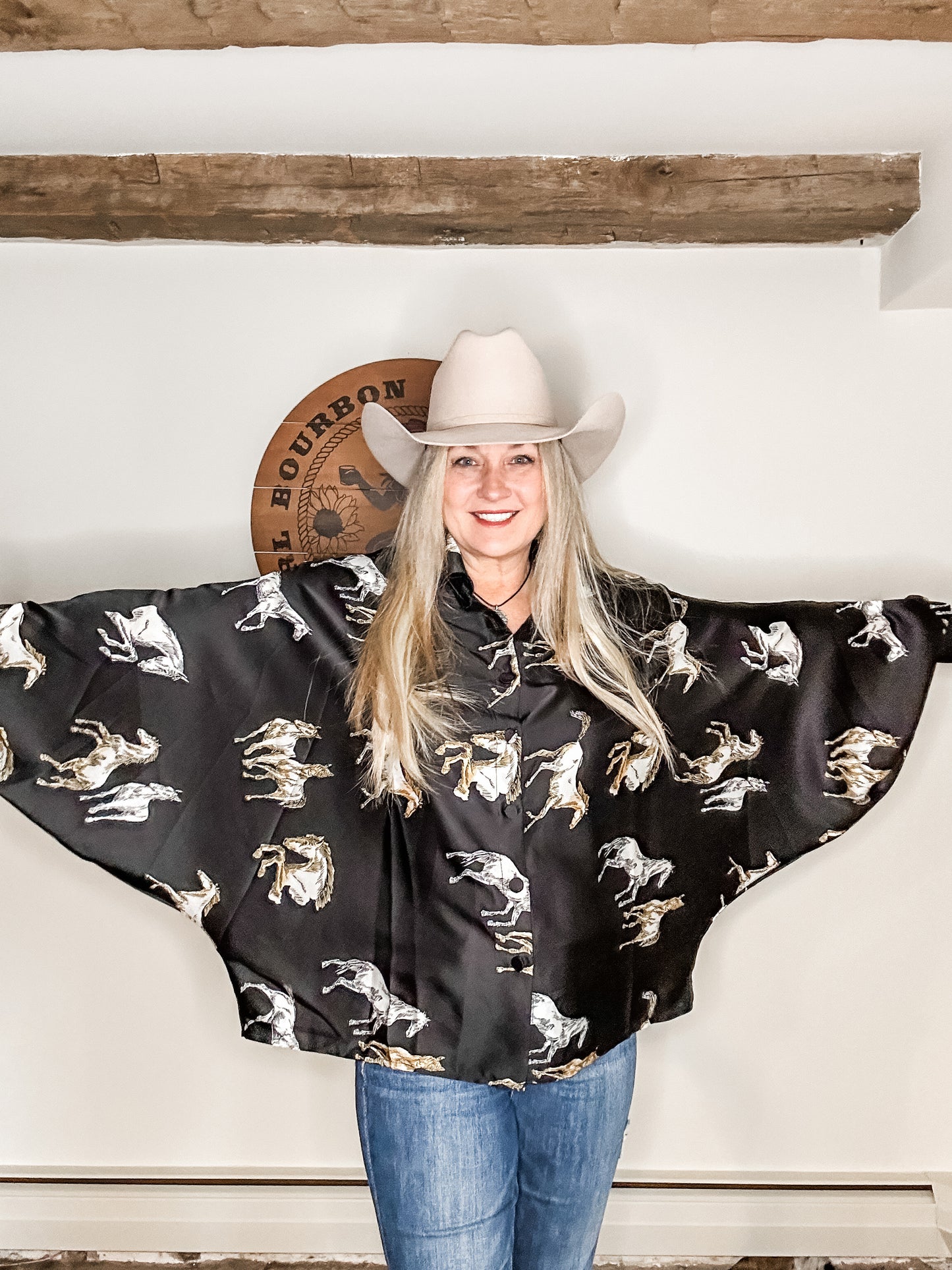 Fancy Horses Print Button Satin Shirt in Black | Bourbon Cowgirl