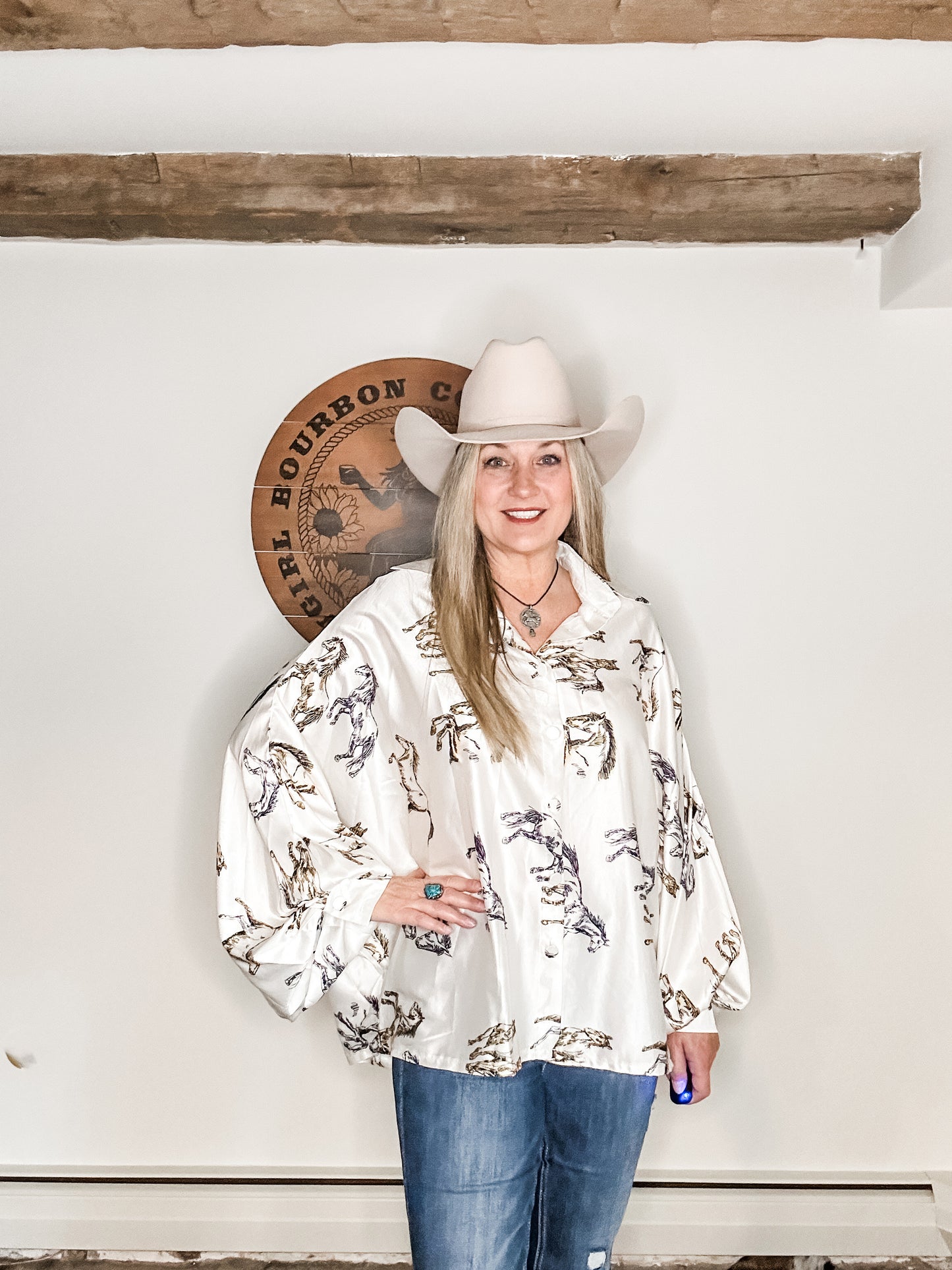 Fancy Horses Print Button Satin Shirt in White | Bourbon Cowgirl