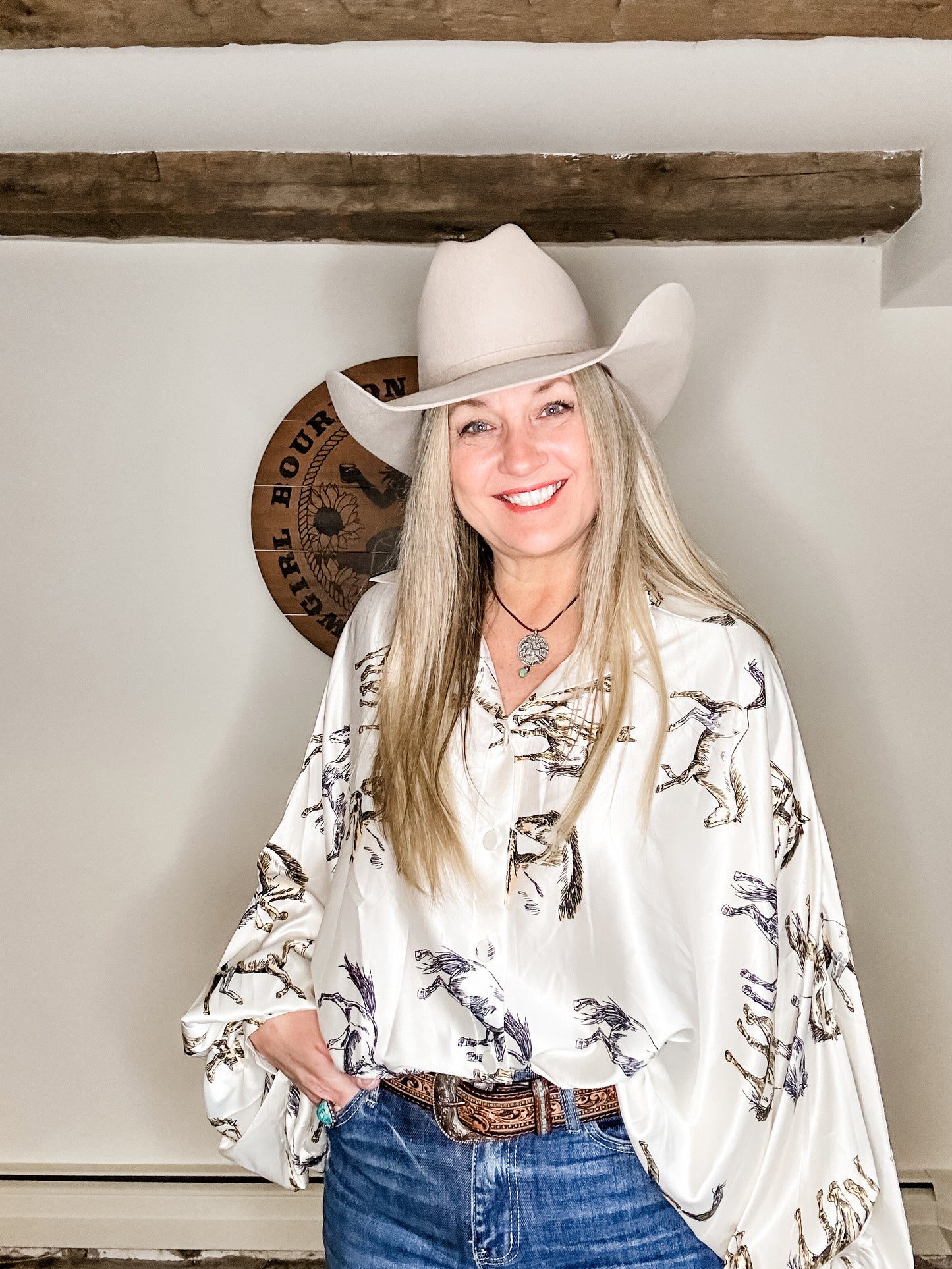 Fancy Horses Print Button Satin Shirt in White | Bourbon Cowgirl
