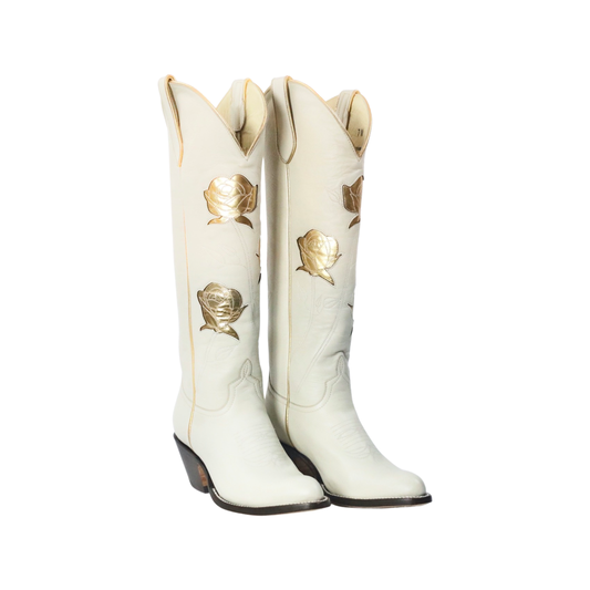 White cowboy boots with gold rose accents.