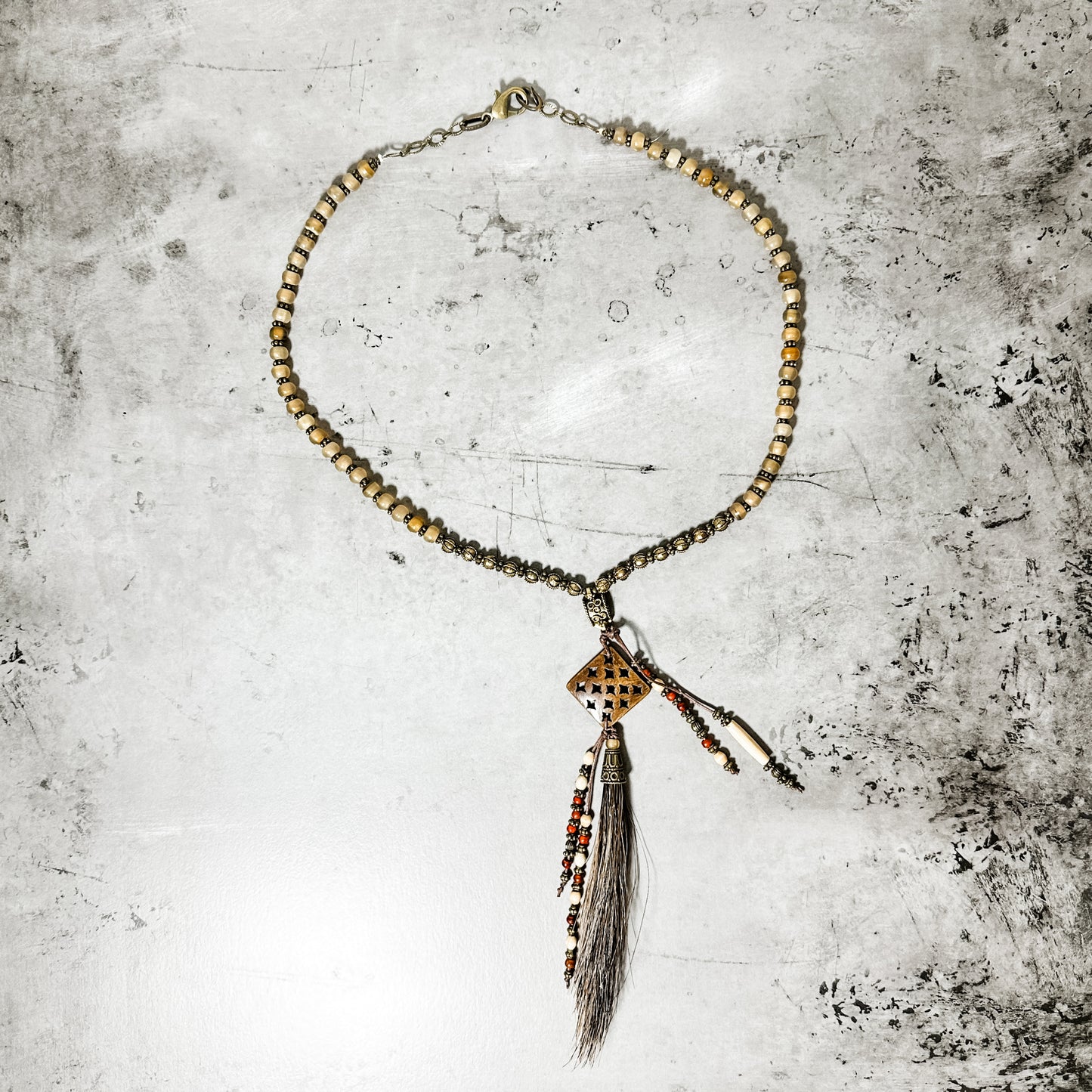 Horn and Indian Bead with Horsehair Tassel Necklace - Amy Kaplan for Bourbon Cowgirl