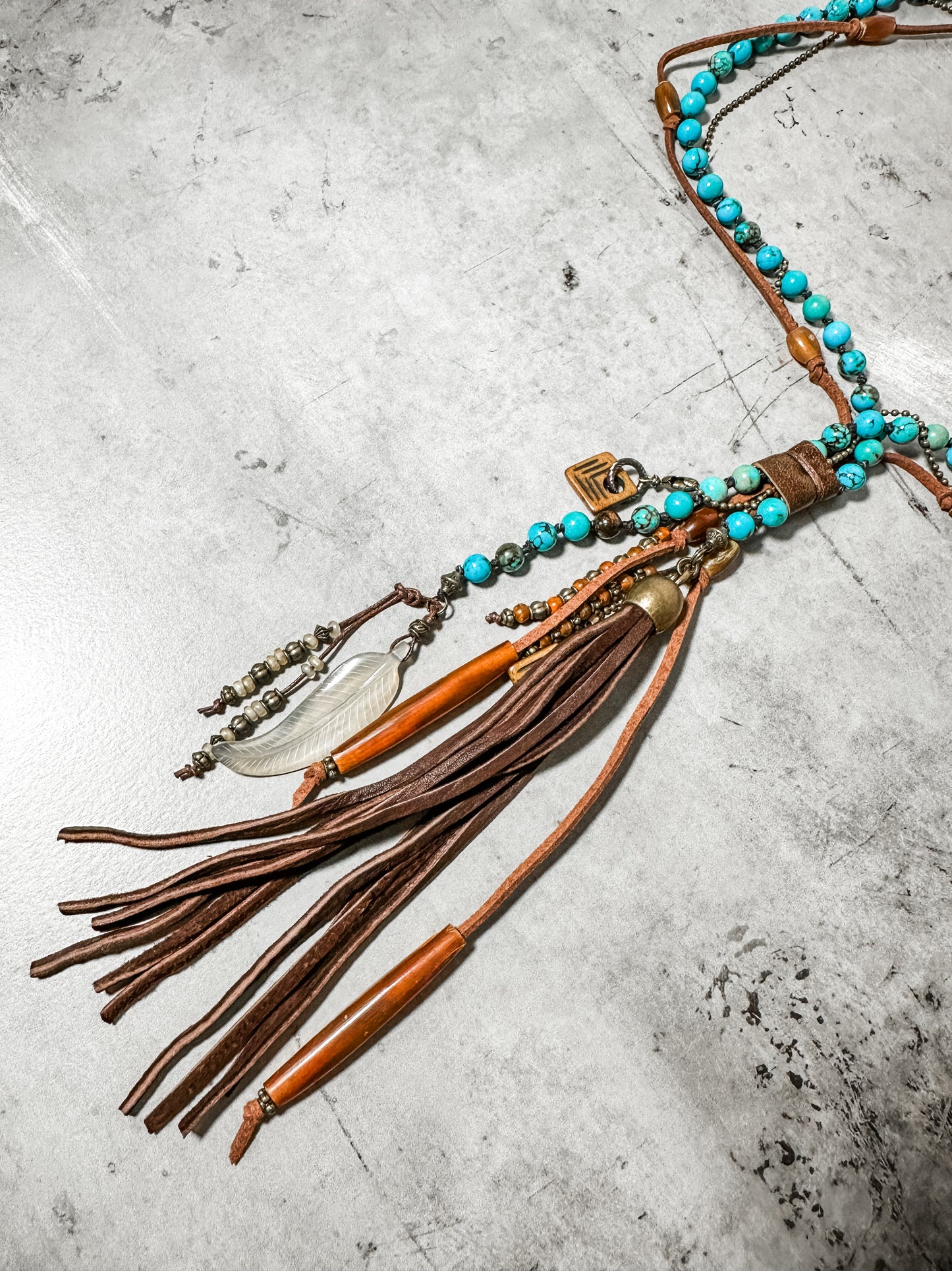 Turquoise Clutch Necklace Horn and Deerskin Tassel - Amy Kaplan for Bourbon Cowgirl