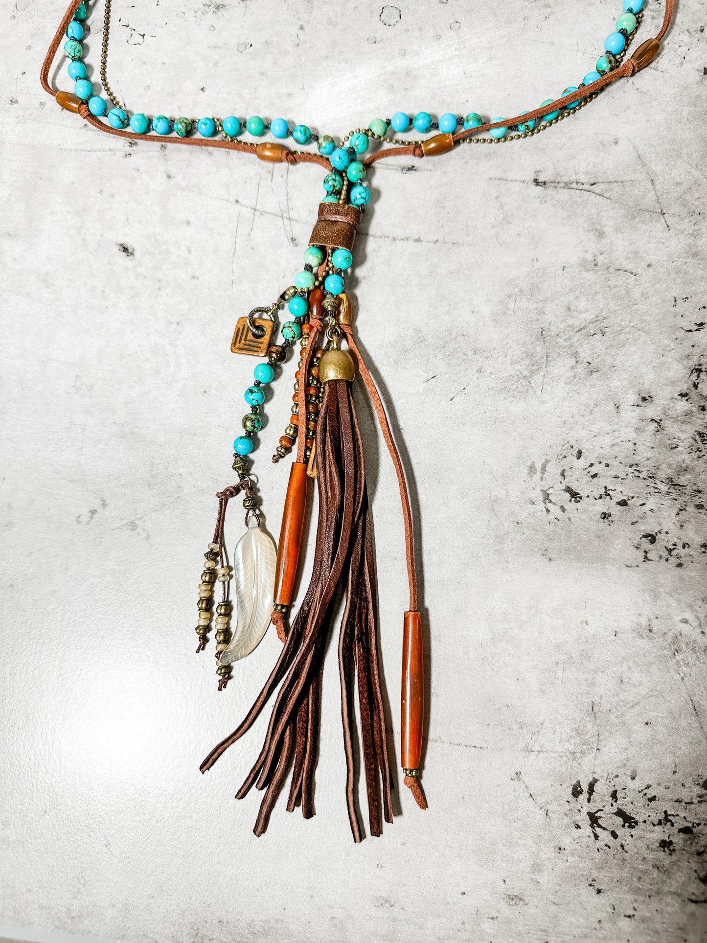 Turquoise Clutch Necklace Horn and Deerskin Tassel - Amy Kaplan for Bourbon Cowgirl